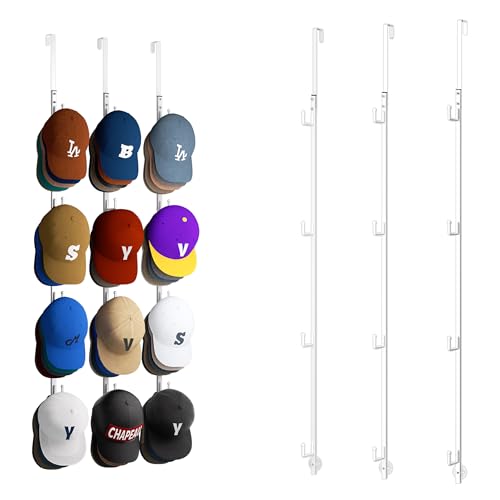 HapiRm Over Door Hat Rack - 3 Packs Hat Organizer with 12 Hooks Design, Hanging Baseball Cap Organizer Storage Holds Up to 60 Caps for Door, Bedroom, Closet (White) - color: White, size: 3 Pack