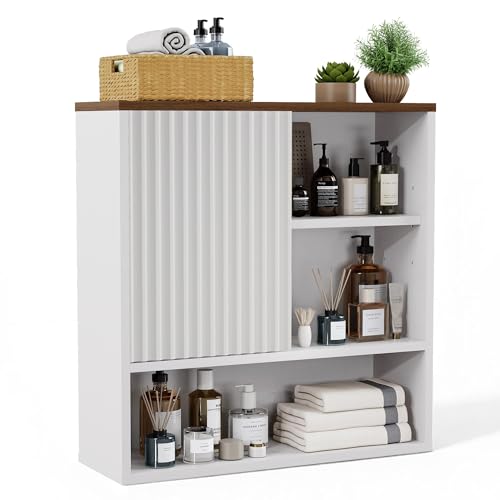Bathroom Wall Storage Cabinet Fluted,Modern Over The Toilet Storage Cabinet Medicine Cabinet with Adjustable Shelves, Wood Curved Profile Wall Mounted Storage Organizer(White Wood, Medium) - color: White Wood, size: Medium