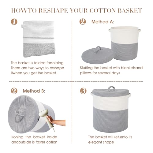 Large Storage Basket with Lid 60L, 16"Wx18"H Woven Laundry Hamper Basket with Handle, Room Decor Cotton Rope Wicker Basket Toy Organizer Bins for Clothes Blankets Pillows, Gray/White Mix includes Lid - color: Gray/White Mix-16"Wx18"H
