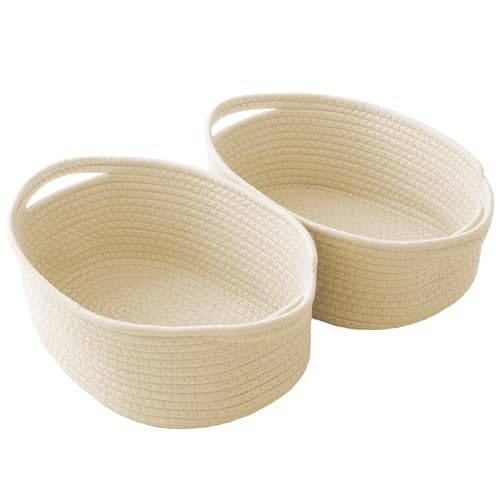 JMvicyroam Woven Basket,Small Rope Storage Bin with Handles & Ribbon Bag, Organizer for Shelves Closets,Gift Basket Empty for Birthday,Books,Dog Toys,Beige/2 Pack - color: Beige, size: 2 Pack