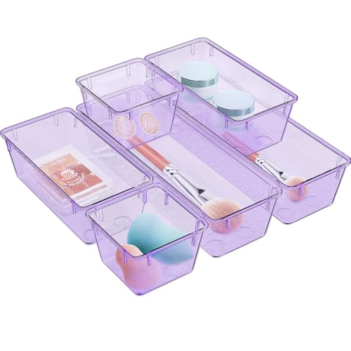 WOWBOX 6 Pack Clear Drawer Organizer Set, Acrylic Drawer Storage Trays, Storage Bins for Makeup, Cosmetics, Jewelries, Utensils, Gadgets, Office, Purple - color: Purple, size: 6 PCS
