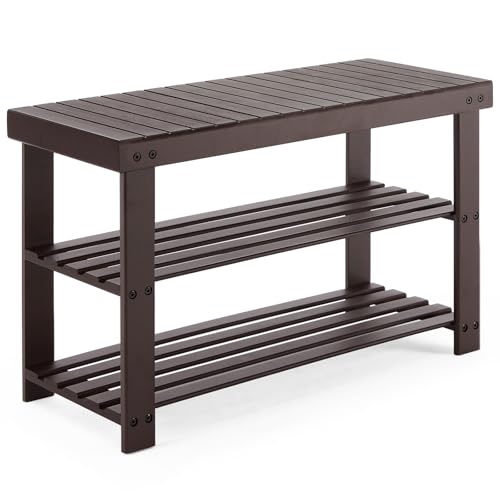 Sweetcrispy 3-Tier Shoe Rack Bench, Bamboo Entryway Storage Organizer, Shoes Stand for FrontDoor Entrance, Bedroom, Living Room, 286lb Capacity, 11.3 x 27.6 x 17.8 Inches, Chestnut - color: Brown, size: 27 inches WIdth