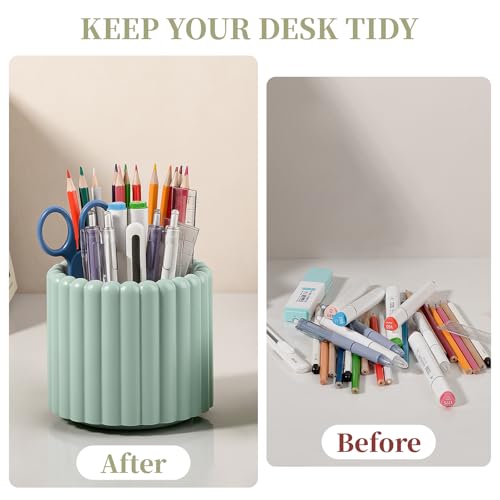 Anyoifax 360° Rotating Pen Holder 8 Slots Desk Organizer with Drawer Removable Pencil Cup Plastic Art Supplies and Accessories Desktop Storage Box Caddy for Office, School, Home (Green) - style: Stripe Green