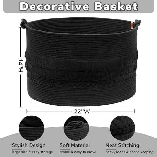 CherryNow 22"x22"x14" Large Blanket Basket, Home Décor for Living Room Bedroom, Boho Decorative Laundry Basket for Clothes, Baby Toy Storage, Black - color: Black, size: 83L (22"W x 14"H)