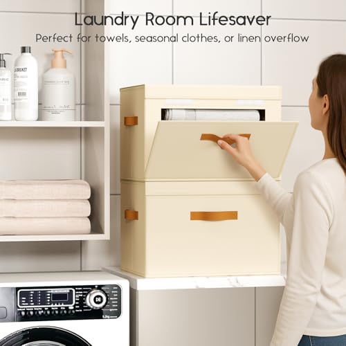 Homsorout Large Storage Bins with Lids - Front Opening Fabric Storage Bins, Flap Closet Organizer with Handles, Collapsible Boxes with Lid, Decorative Basket for Home, Dorm, 2 Pack, Beige - color: Beige, size: 16.5 Inch-2 Pack