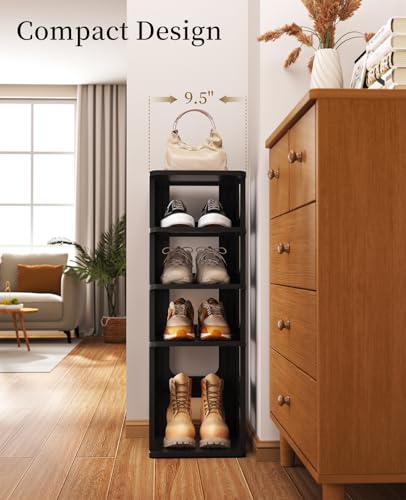 HAIXIN Shoe Organizer Rack for Small Spaces 5 Tier Plastic Vertical Narrow Shelves for Closet Black Shoe Holder, Stand for Entryway Storage Boots Organizer Stackable Cabinet - color: Black, size: 5 Tier
