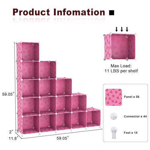 UNKU Cube Storage Organizer, 15 Cube Closet Organizer Storage Shelves, DIY Stackable Bookcase, Clothes Organizer Shelf for Closet, Bedroom, Living Room, Cabinet, Home, Office, Pink - color: Pink, size: 15cube