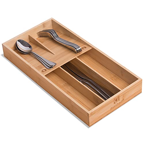 guiogc Bamboo Silverware Organizer, Kitchen Silverware Drawer Organizer, Utensil Tray Holder, Cutlery Tray for Spoons, Forks, Knives - size: Double Layer-Medium