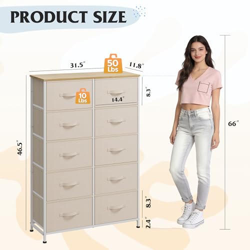 WLIVE Tall Dressers for Bedroom with 10 Drawers, Chest of Drawers, Fabric Dresser for Closet, Hallway, Living Room, Entryway, Cream White - color: Cream White