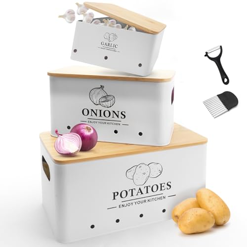 Kitchen Vegetable Storage Set of 3, Metal Onion Garlic Potato Storage Set, Kitchen Canisters Vegetable Keeper Containers with Aerating Holes and Wooden Lid (White) - color: White