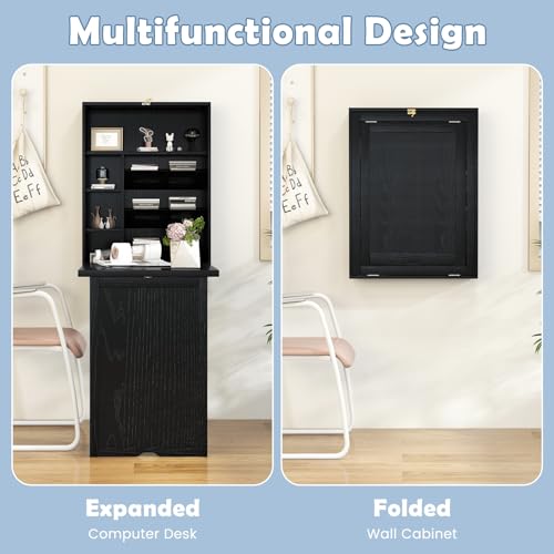 Tangkula Foldable Wall Mounted Desk, Floating Desk with Storage Shelves & Hooks, Space-Saving Fold-Up Murphy Table for Small Spaces, Home Office, Dorm Room - color: Black