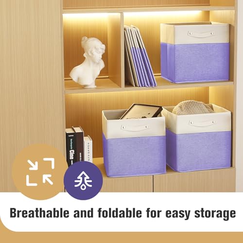 FinishingBo 13 x 13 Inch Fine Linen Storage Bins with Handles，Fabric Cube Boxs，Basket Organizers for Shelves for Home, Closet Drawers (White/Purple-6 Pack) - color: White/Purple-6 Pack