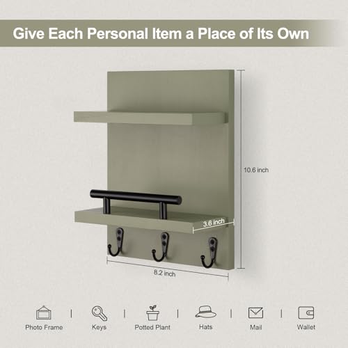 Key Holder Wall Mount, Mail Shelf Decor with 3 Key Hooks, Versatile Wood Wall Organizer for Entryway Hallway (8.2” x 10.6”x 3.6”) (Sage Green) - color: Sage Green