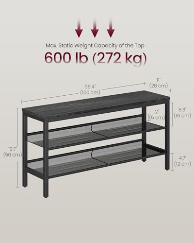VASAGLE 3 Tier Shoe Rack Bench, One Piece Shelves, Shoe Storage Organizer with Raised Edges, Industrial Style, Easy Assembly, 11 x 39.4 x 19.7 Inches, Charcoal Gray and Matte Black ULSB075BA01S - color: Charcoal Gray + Matte Black, size: 39.4"W