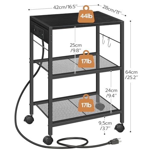 HOOBRO Industrial Printer Stand, 3-Tier Mobile Printer Table, Rolling Cart with Power Outlets and USB Ports, Home Printer Stand with 2 Hooks, for Office, Living Room, Black BB22UPS01 - color: Black