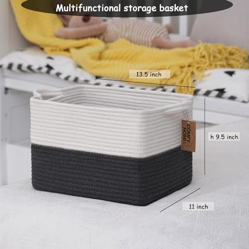 COMFY-HOMI Cotton Rope Woven Basket with Handles for Shelves,Toys,Book, Cloth Storage Baskets Bin for Organizing-13.5"x11"x9.5" Toy Decorative Organizer for Living Room, Bathroom-White/Dark Grey - color: dark grey, size: 13.5"X11"X9.5"