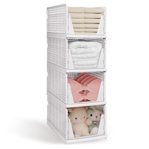 XL Stackable Plastic Storage Basket, 4 Packs closet storage bins for clothes sweater organizer for closet Folding closet organizers and storage Closet Shelf Storage Container for Cupboard Bedroom 4XL