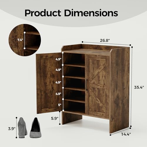 Mericonia Farmhouse Shoe Cabinet with Doors, Modern Large 5-Tier Shoe Storage Cabinet with Adjustable Shelves, Wooden Shoe Organizer for Entryway, Hallway, Closet, Bedroom, Living Room (Rustic Brown) - color: B-rustic Brown