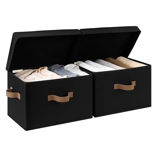 StorageWorks Fabric Storage Bins with Lid, Decorative Storage Boxes for Shelves, Stackable Closet Organizer Basket with Handles, Large, Black, 2-Pack - color: Black, size: Large