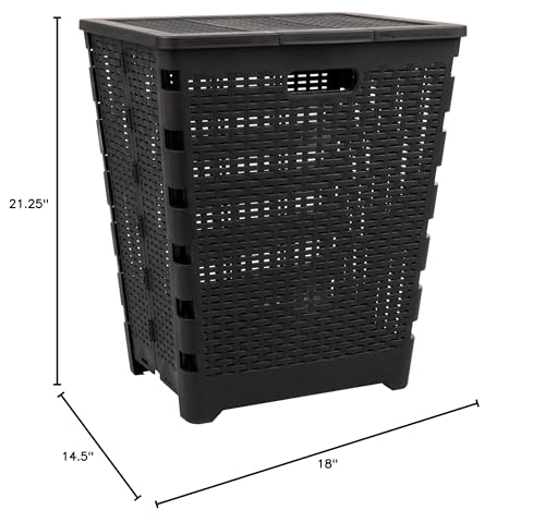 Mind Reader 61L Foldable Laundry Hamper, Clothes Basket, Lid, Wicker Design, Plastic, 18"L x 14.5"W x 21.25"H, Black - color: Black