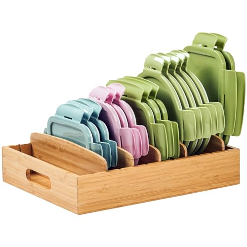 Umilife Kitchen Cabinet Organizer for Food Storage Container Lids, with Adjustable Dividers, Bamboo Drawer Caddy, Box for Kitchen Storage And Organization - size: Large