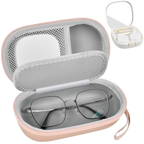 Portable 2 in 1 Contact Lens Case and Glasses Case, Traveling Contact Cases Bag Box Holder with Soak Storage Kit Included Built-in Mirror, Tweezer, Contact Lens Solution Bottle and Hand Strap-Gold - color: Gold