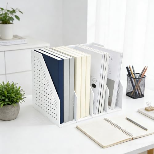 SAYEEC Collapsible Magazine Holder Plastic Desktop 4 Compartment File Desk Magazine Organizer Vertical File Divider Sorter Storage Document Organizer for Office Home School Gray - color: Gray (4 Compartments)