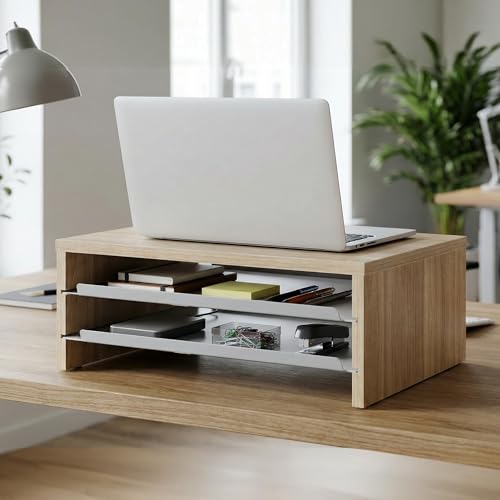 Fenge Monitor Stand, 3-Tier Monitor Riser with Slide-Out Tray, Wooden and Metal Desktop Organizer for Home Office, Computer, Laptop, Printer, Telephone - color: Oak
