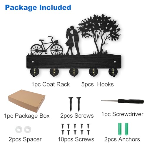 MAYJOYDIY Bicycle Couple Tree Coat Rack Wall Mount 11.8x7.9in Key Holder Decorative Wooden Coat Hanger Key Rack 5 Alloy Hooks for Valentine's Day Gift Wall Art Decor - color: Bicycle Couple Tree