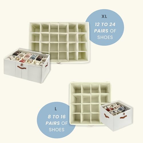 OrganiHaus Large Shoe Storage Bin for Closet, Shoe Organizer Box Fits up to 16 Pairs, Collapsible Fabric Shoe Basket w/Clear Cover, Adjustable Dividers & Reinforced Handles, Off-White - color: Off-White