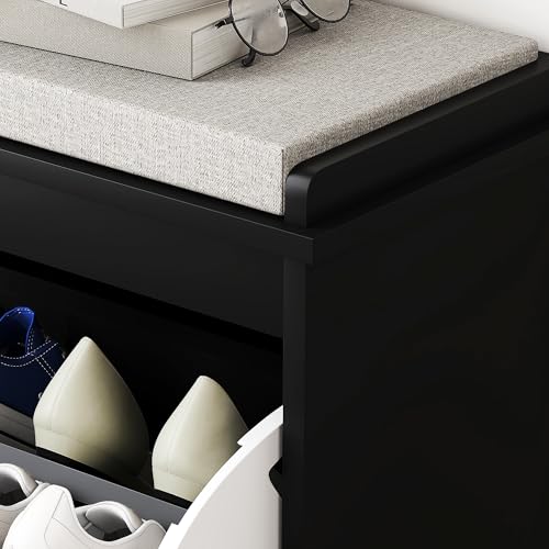 HOMCOM Narrow Shoe Bench with Padded Seat Cushion and Flip-Drawer, Small Entryway Bench Holds up to 265lb, Shoe Cabinet, 24.4x10.2x18.7 Inches, Black - color: Black, size: 24.4" x 10.2" x 18.7"