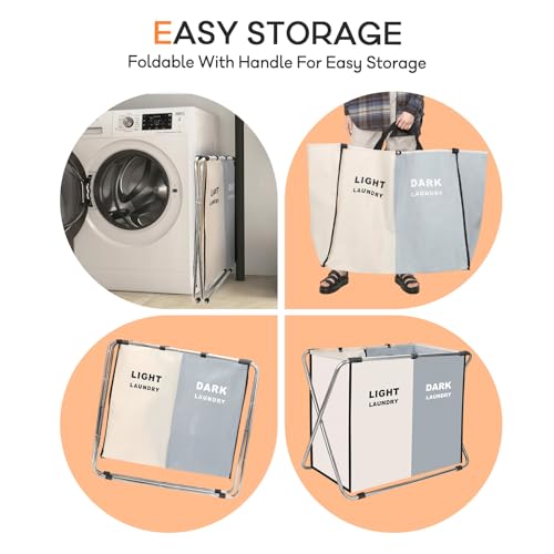 Laundry Cloth Hamper Sorter Basket Bin Foldable 2 Sections with stainless steel Frame Washing Storage Dirty Clothes Bag for Bathroom Bedroom Home Storage Basket (White+gray, 2 Sections) - color: White+gray, size: 2 Sections