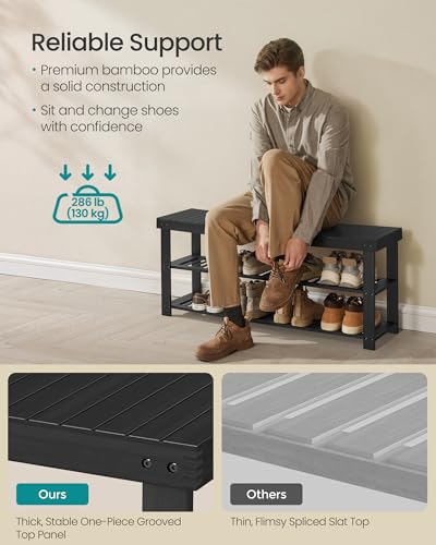 SONGMICS Shoe Rack Bench, 3-Tier Bamboo Shoe Storage Organizer, Entryway Bench, Holds Up to 286 lb, 11.3 x 42.9 x 17.8 Inches, for Entryway Bathroom Bedroom, Ink Black ULBS110B101 - color: Ink Black, size: 42.9"W