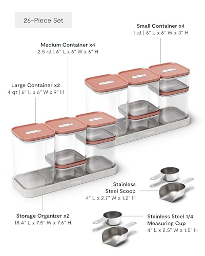 Caraway 26-Piece Ultimate Airtight Glass Food Storage Containers with Lids, Scoops, Measuring Cups and Organizers - Non-Toxic BPA-Free Stackable Space-Saving Containers for Pantry - Perracotta - color: Perracotta, size: 26-Piece Set
