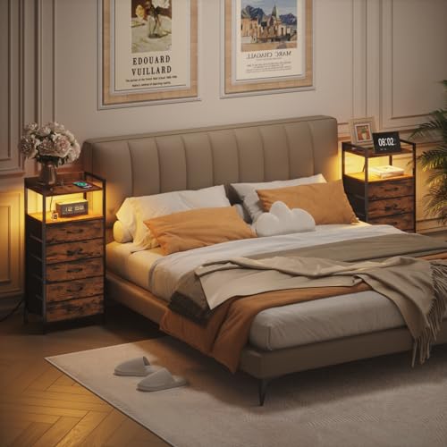 Furnulem 5 Drawer Dresser for Bedroom, Tall Nightstand with Led Light and Charging Station, Small Night Stand Bedside Table, Fabric Bins, Metal Frame, Wood Shelf, Side Furniture(Rustic Brown) - color: Rustic Brown, style: 5 Drawer