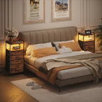 Furnulem 5 Drawer Dresser for Bedroom, Tall Nightstand with Led Light and Charging Station, Small Night Stand Bedside Table, Fabric Bins, Metal Frame, Wood Shelf, Side Furniture(Rustic Brown) - color: Rustic Brown, style: 5 Drawer