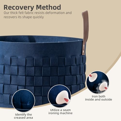 BOLDMONKEY Laundry Basket 20" x20 " x11.8 ",Extra Large Round Blanket Basket with Leather Handle, Felt Storage Basket for Living Room, Nursery, Dog Toys-Navy Blue - color: Navy Blue