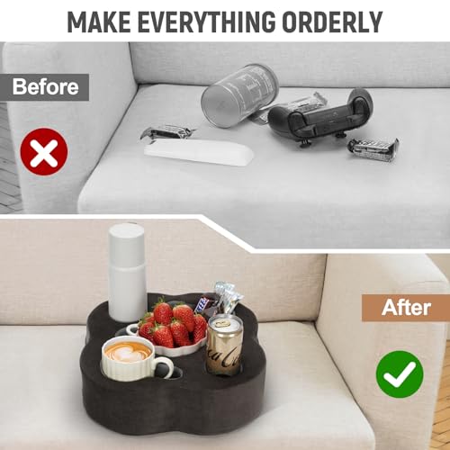 Couch Cup Holder Pillow, Sofa Organizer Caddy Bed Refreshment Tray for Drinks, Remotes, Phones, Snacks (Soot) - color: Soot, size: 12*12*3.7 Inch