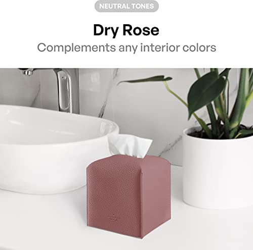 Carrotez Tissue Box Cover, [Refined] Modern PU Leather Square Tissue Box Holder - Decorative Holder/Organizer for Bathroom Vanity Countertop, Night Stands, Office Desk & Car 5"X5"X5" - Dry Rose - color: Dry Rose, size: [Square]