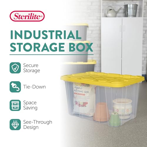 Sterilite 4 Tier Tote Rack, Vertical Plastic Organizer with 4 Pack 27 Gallon Industrial Storage Totes, Clear - for Garages, Workshops, or Basements - size: 27 Gallon - Clear/Yellow + Tote Rack