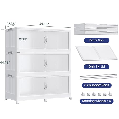 180GAL Plastic Storage Bins with Lid, 720QT Extra Large Stackable Closet Organizers and Storage, Collapsible Storage Boxes with Wheels, Folding Cabinet for Home Kitchen Office, 3Pack White - color: 60Gal-White, style: 3Pack