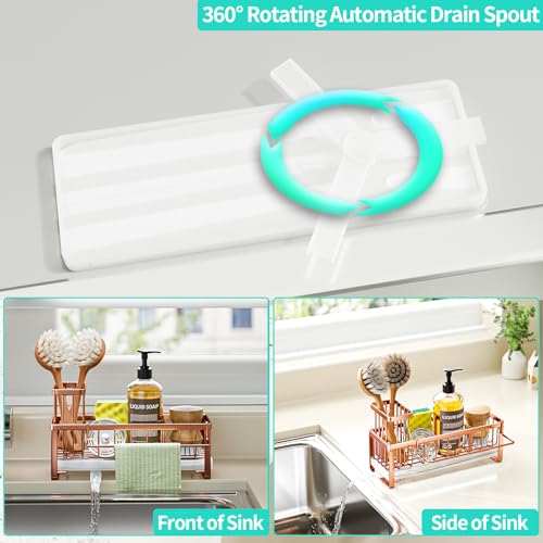 HapiRm Sponge Holder for Kitchen Sink - Self-draining Sink Caddy with Brush and Dishcloth Holders, Stainless Steel Kitchen Organizer for Countertop - Rose Gold - color: Rose Gold, size: with Dishcloth Holder