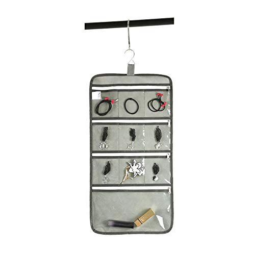 Hanging Jewelry Organizer with 10 Zippered Clear Pockets for Travel Suitcase and Home Closet Jewelry Storage Bag (GREY) - color: GREY
