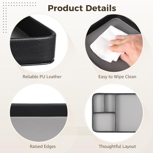 4-Compartment PU Leather Tray, Divided Catchall Organizer for Desk and Entryway, Stylish PU Leather Valet Tray, Multifunctional Storage Organizer for Phone Key Watch Wallet Jewelry