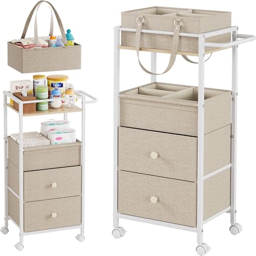 Modanais Baby Diaper Caddy Organizer Cart with Drawers - 3In1 Rolling Storage Cart with Wheels, Removable Diaper Caddy, Detachable Dividers - for Crib, Bedroom, Art & Craft Organizer (Off White) - color: Off White