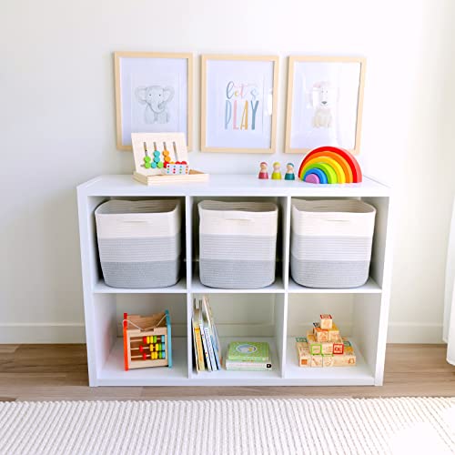 NaturalCozy Storage Cubes 11 Inch Cotton Rope Woven Baskets for Organizing, 3-Pack | Cube Storage Bin | Square Storage Baskets for Shelves Organizer, Classroom, Kids Toy Bins, Closet, Baby Nursery - color: 3-Tone Gray