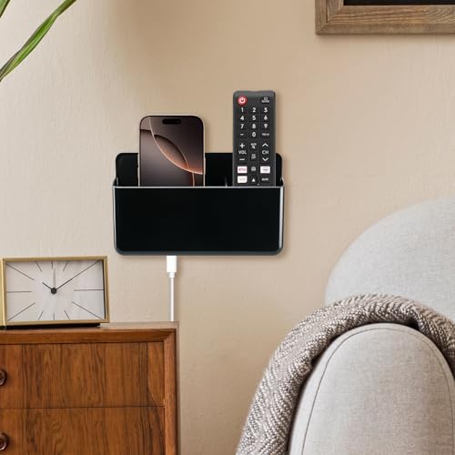 3 Slot Adjustable Remote Control Holder Wall Mount, TV Remote Box Hollow Bottom Slot Easy Phone Charging, Self Adhesive Remote Holder,Wall Pen Holder Storage Accessories for Home Office School (Black) - color: Black