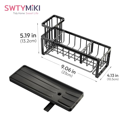 SWTYMIKI Sponge Holder for Kitchen Sink - Sink Caddy with Brush Holder Self-draining Sponge Caddy Organizer with Divider Stainless Steel Kitchen Accessories Storage for Countertop, Black - color: Black