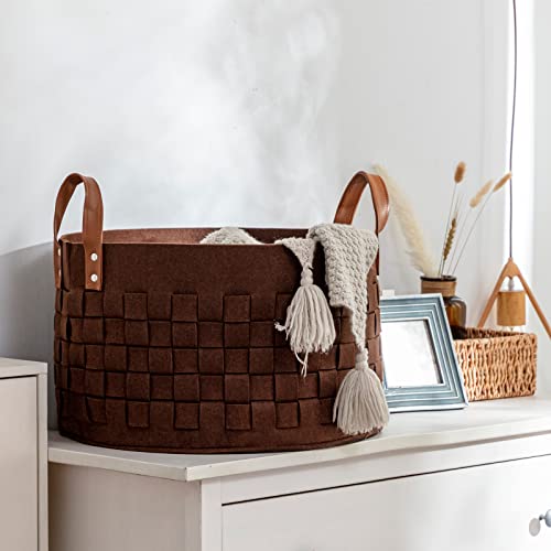 BOLDMONKEY Laundry Basket 20" x20 " x11.8 ", Large Felt Fabric Blanket Basket with Leather Handle, Dirt Clothes Laundry Hamper Round for Babies, Dogs and Living Room-Brown - color: Wood Brown