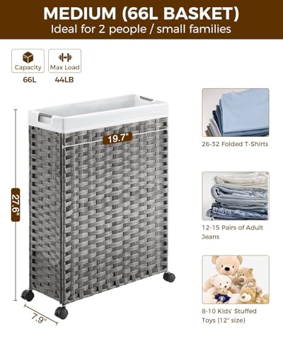 Greenstell Laundry Hamper with Wheels, 17.4 Gallon (66L) Slim Laundry Basket with 2 Removable Liner Bags & 2 Mesh Bags, Narrow Rattan Clothes Hamper for Bedroom, Laundry Room, Bathroom, Grey - color: Grey, size: 66L (19.7 x 7.9 x 27.6 inches)